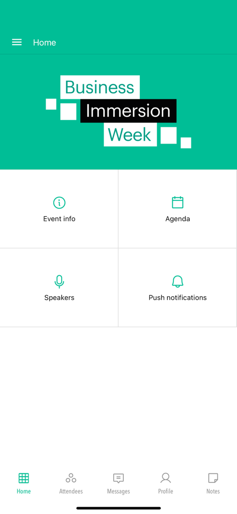EUBSEventsCareers - Dashboard principale dell'app EUBSEventsCareers che mostra i dettagli della Business Immersion Week e le icone di navigazione