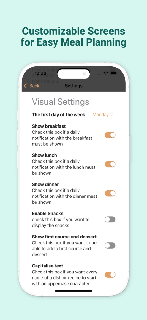 Meal Planner Family - Écran des paramètres visuels personnalisables de l'application Meal Planner Family montrant les options pour activer/désactiver les notifications de petit-déjeuner, déjeuner et dîner.