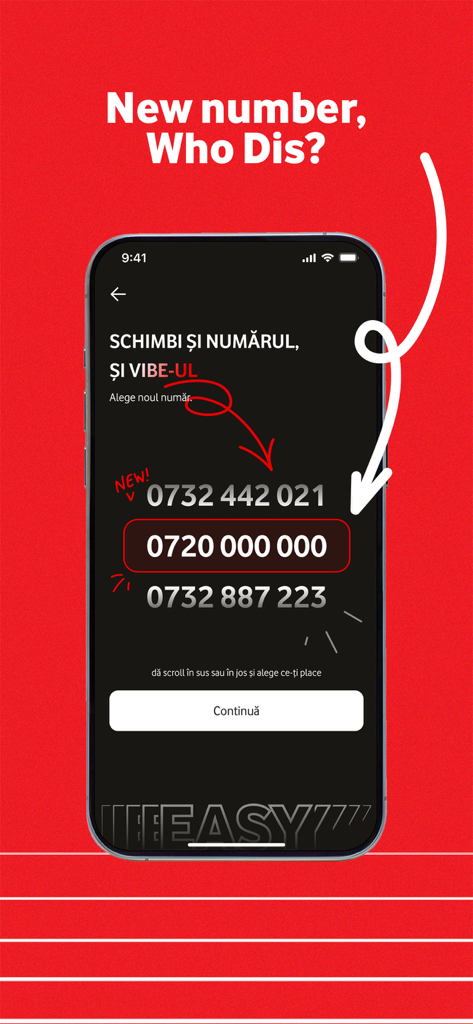 Ein Smartphone-Bildschirm, der die Oberfläche der Vodafone EASY App zur Auswahl einer neuen Telefonnummer zeigt.