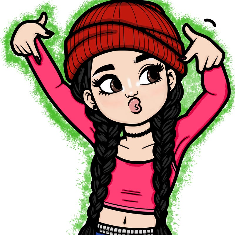 realistic teenage girl with braids and a beanie and crop top doing 🫶🏼