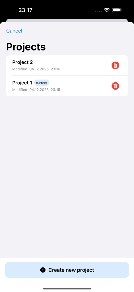 Electrical Panel Designer - Projects list screen showing saved electrical panel designs and a create new project button