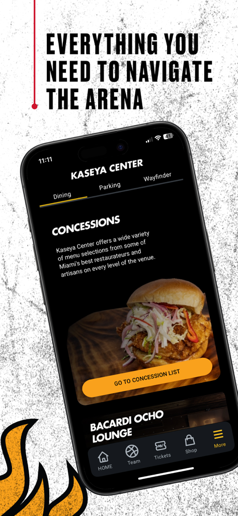 Miami HEAT Mobile app Kaseya Center arena navigation and dining concessions guide