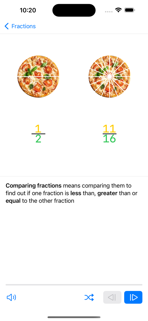 Fraction Steps: Learn Visually - A visual lesson comparing fractions 1/2 and 11/16 using pizza slices.
