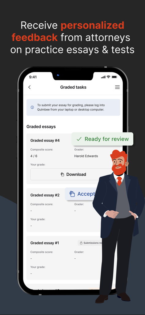 Quimbee app screen showing graded law school essays with personalized feedback from attorneys.
