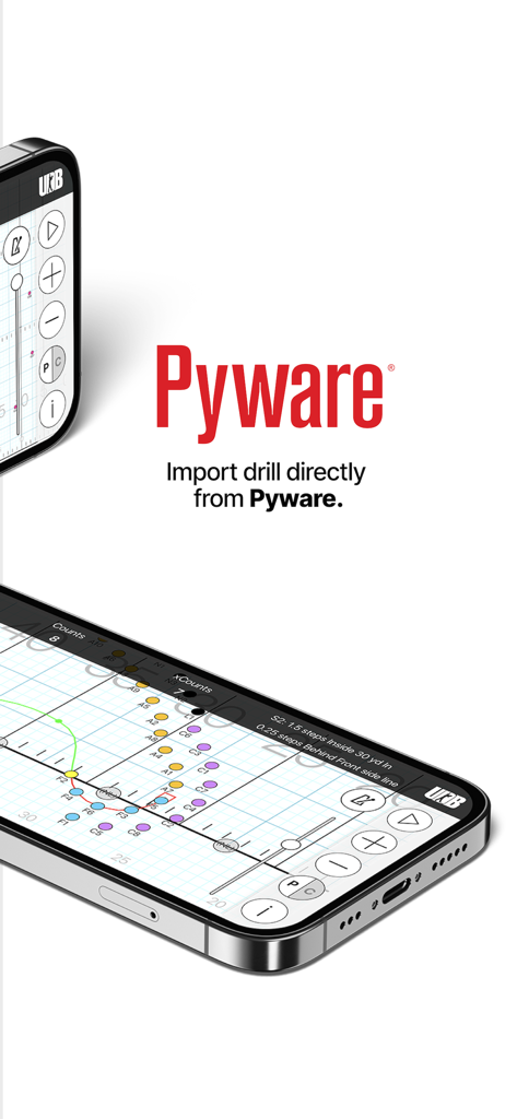 UDBapp Pro - Smartphone displaying UDBapp Pro marching band drill visualization with Pyware integration text