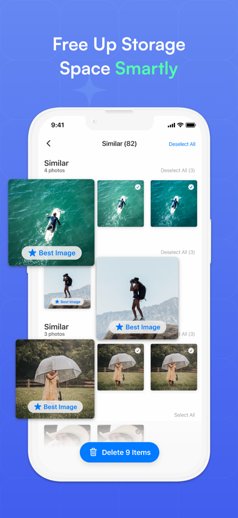 Clean Phone Storage Now - Interface of Clean Phone Storage Now app showing similar photos detection and deletion feature to free up space