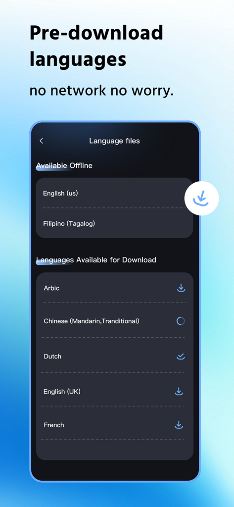 Interface of LingoView app showing available and downloadable language files for offline translation