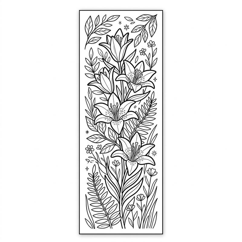 Delight in the intricate beauty of native wood lilies with this charming coloring page, perfectly designed to be crafted into a unique bookmark. Enjoy a moment of calm as you color vibrant botanical details and create a personalized keepsake for your favorite reads.