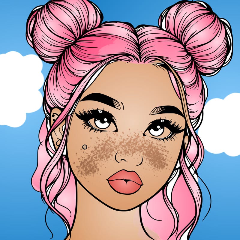 realistic girl with two buns on her hair and lips