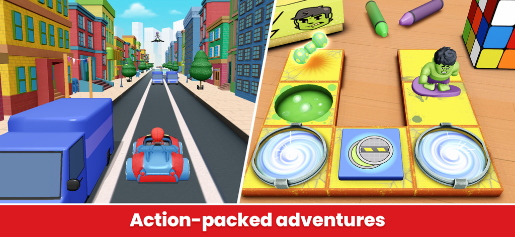 Spidey corriendo y actividades de rompecabezas de Hulk en la aplicación Marvel HQ