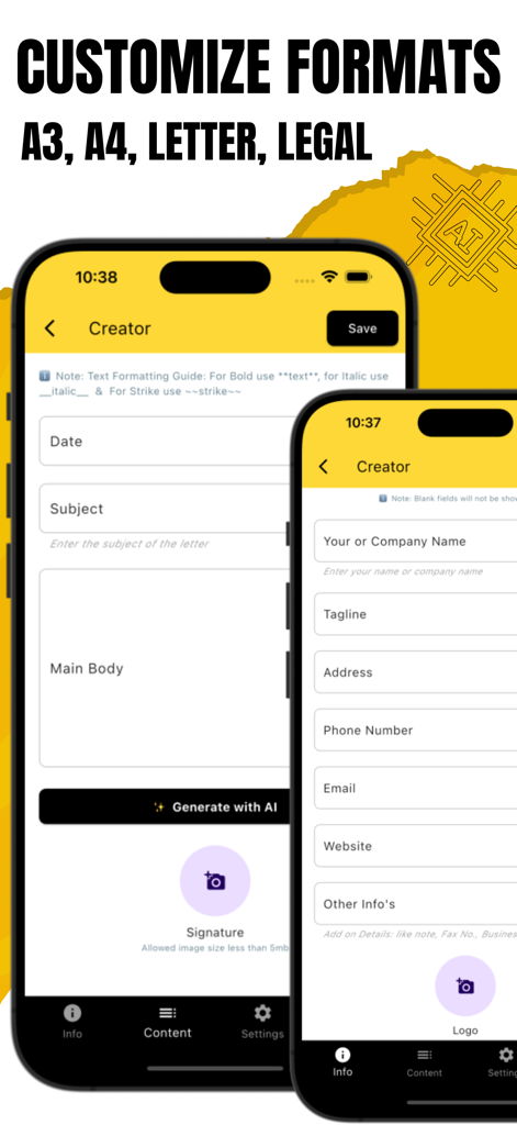 AI Letterhead Maker App - AI Letterhead Maker screen showing document customization options and professional formats