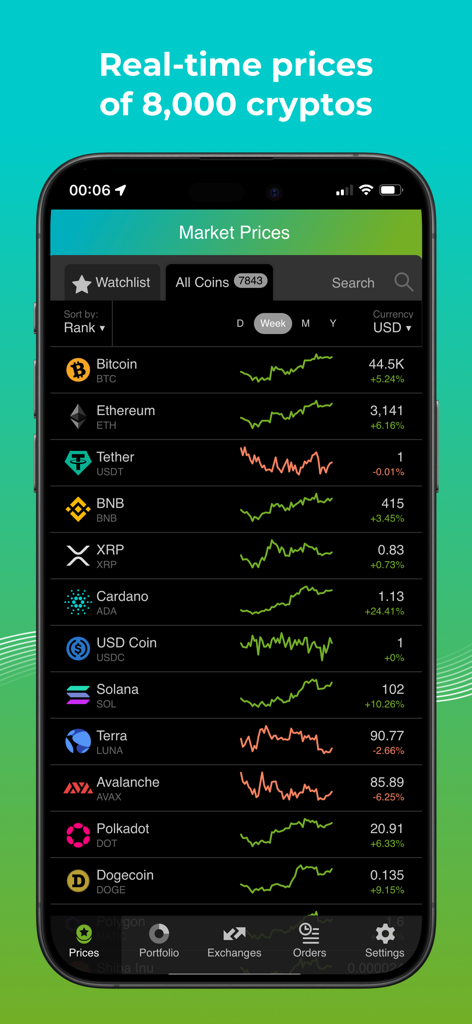 Good Crypto: Exchange Manager - App Good Crypto che mostra prezzi in tempo reale e trend di mercato per migliaia di criptovalute