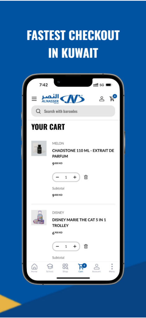 AlNasser ME - AlNasser ME shopping app cart screen displaying family fashion and lifestyle items