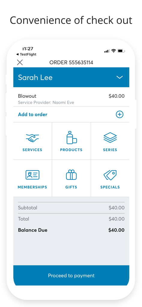 Booker Mobile app checkout interface showing an order for a salon service with payment options