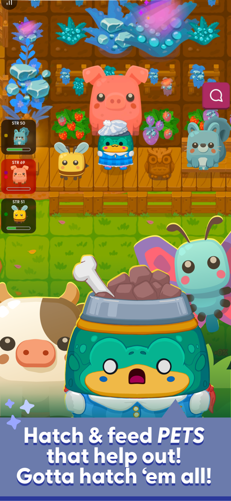 Cute cartoon pets and animals in a colorful garden from the Magic Garden game