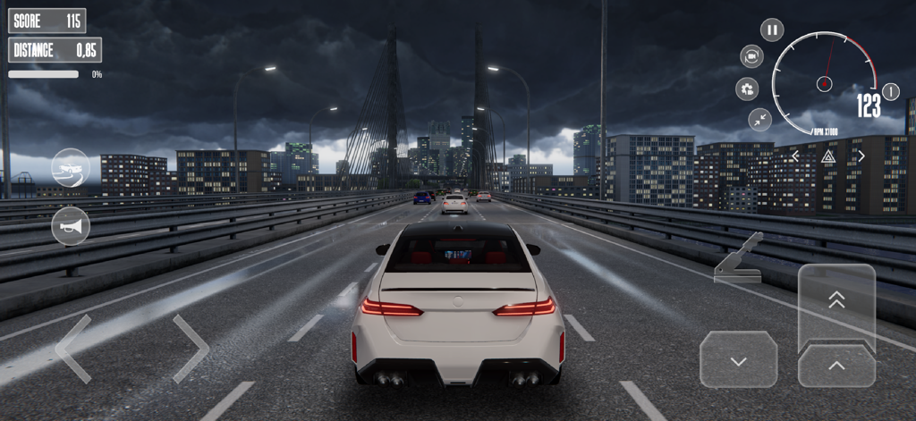 A white sports car driving on a city highway at night in Dream Road Online