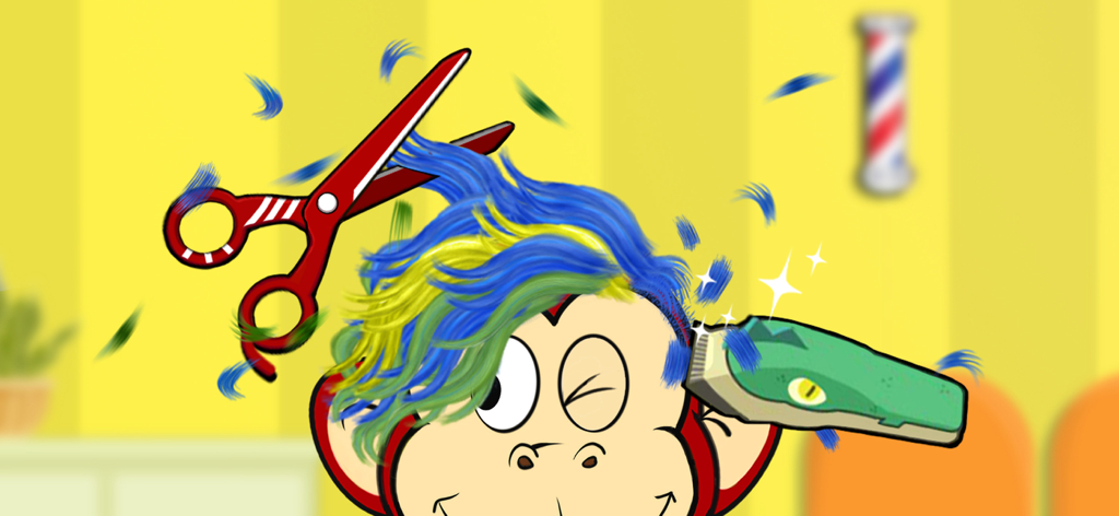 A cartoon monkey getting a haircut with scissors and a dinosaur-themed clipper in a kids educational game.