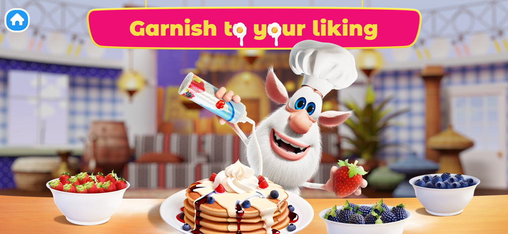 Booba Kitchen: Cooking Food - Booba the Chef garnishing a stack of pancakes with cream and berries