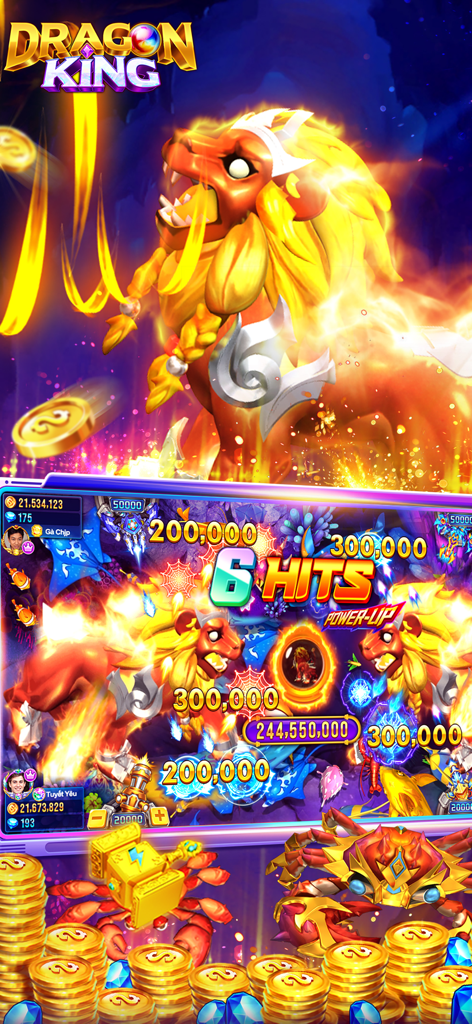 Dragon King:Fish Table Online - Gameplay mobile de Dragon King Fish Table Online présentant la bataille de boss Fire Kirin avec des multiplicateurs de score élevé et des pièces d'or