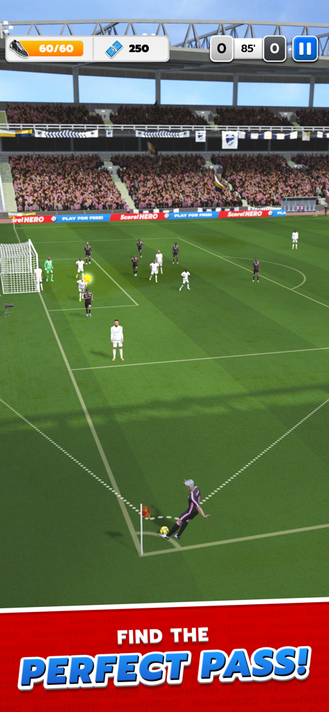 Score! Hero - Ein 3D-Fußballspiel in Score Hero, das einen Spieler zeigt, der sich auf eine Ecke vorbereitet, mit einem gestrichelten Pfad zu den Mitspielern.