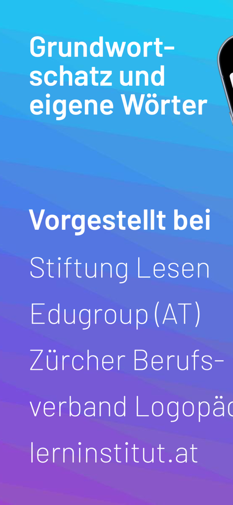 Blitzlesen: Das Original - Écran pédagogique présentant les fonctionnalités de vocabulaire de base et les recommandations professionnelles de l'application de lecture Blitzlesen.