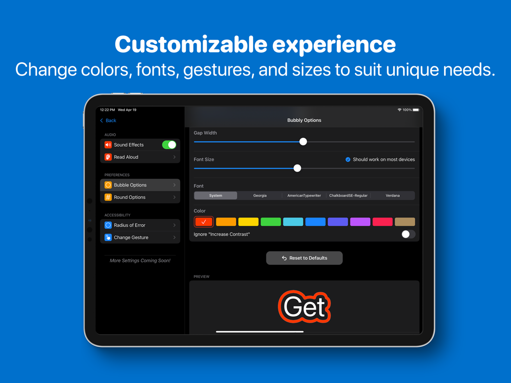 Bubbly - CVI Literacy - Menú de configuración de la aplicación Bubbly mostrando opciones de personalización de fuente y color para accesibilidad visual.