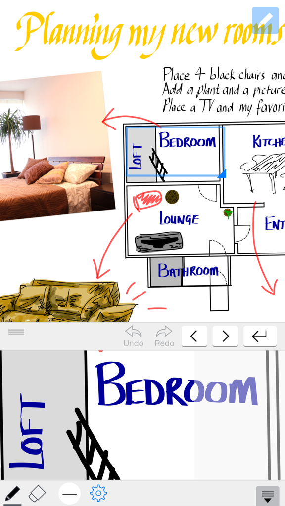 MetaMoJi Note - Digital note in MetaMoJi Note showing a room planning sketch with a floor plan and photos