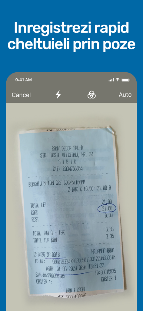 SmartBill - Aplicación móvil SmartBill escaneando un recibo físico para registrar gastos empresariales