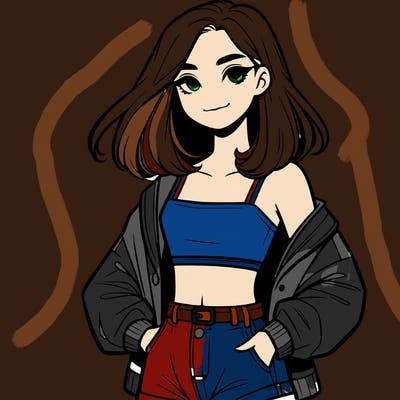 a realistic girl with a crop top and short shorts in an open jacket