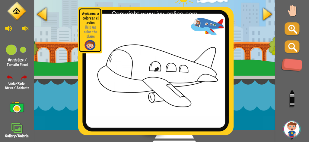 Ivy Transportation - Ivy Transportation app screen showing a bilingual airplane coloring activity for kids