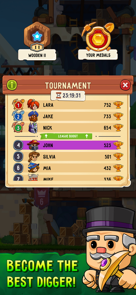 Dig Out! Mine Adventure - A tournament leaderboard screen in Dig Out! Mine Adventure showing player rankings and a cartoon miner character.