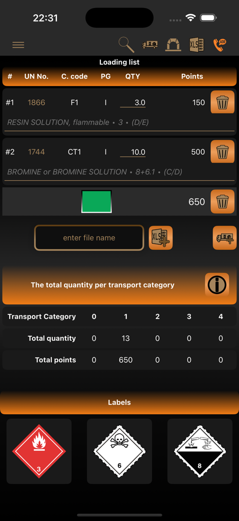 ADR Tool 2025 Dangerous Goods - ADR Tool 2025 app loading list screen with dangerous goods classification and points calculation