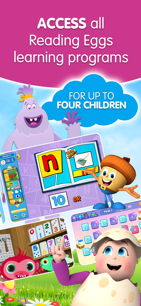 Reading Eggs app promotional screen showing learning programs for up to four children with educational games and colorful cartoon characters