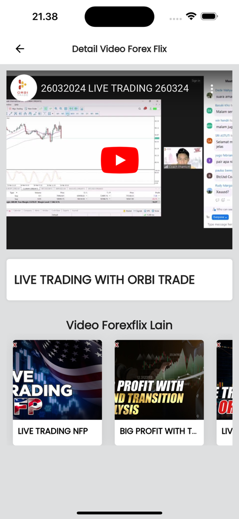 Orbi Trade App - Orbi Trade app screen showing live forex trading video lessons and tutorials