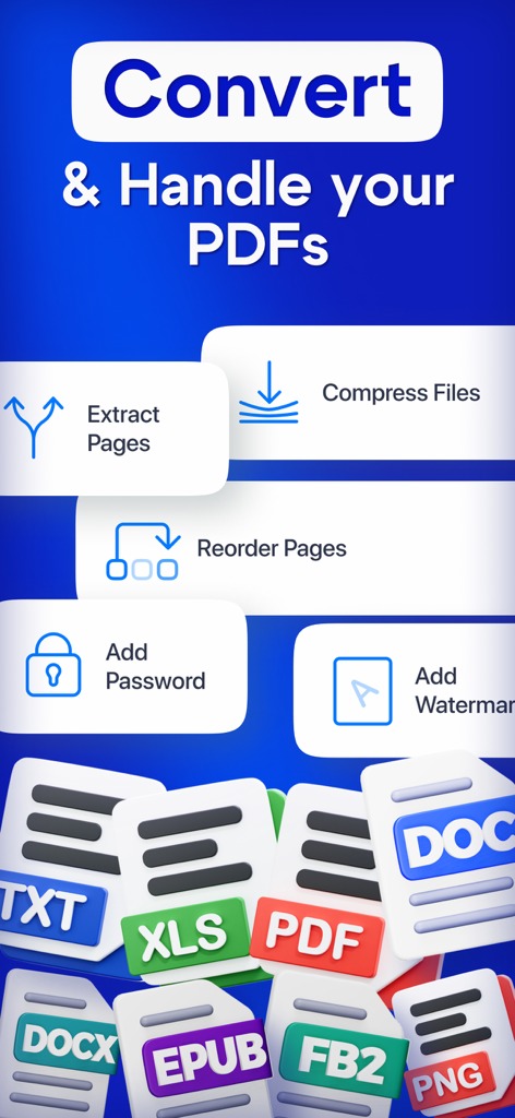 Pantalla de gestión de PDF con herramientas de compresión de conversión y seguridad