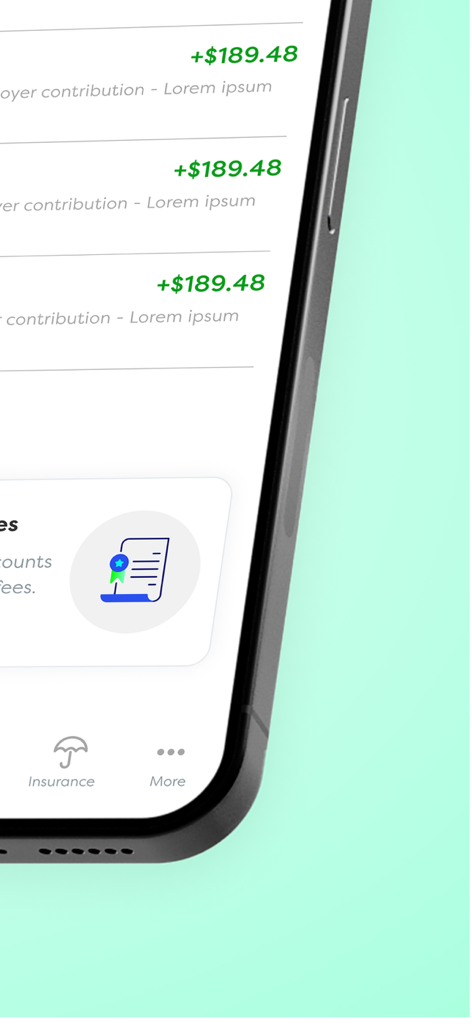 CareSuper - Interface of the CareSuper mobile app showing superannuation transaction history and insurance features