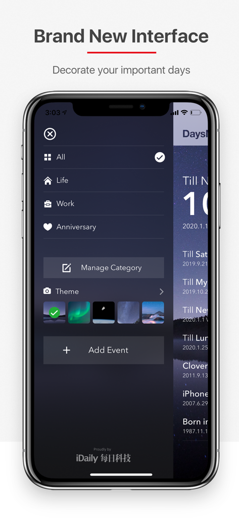 Interface of Days Matter Air app showing category management and aesthetic theme options