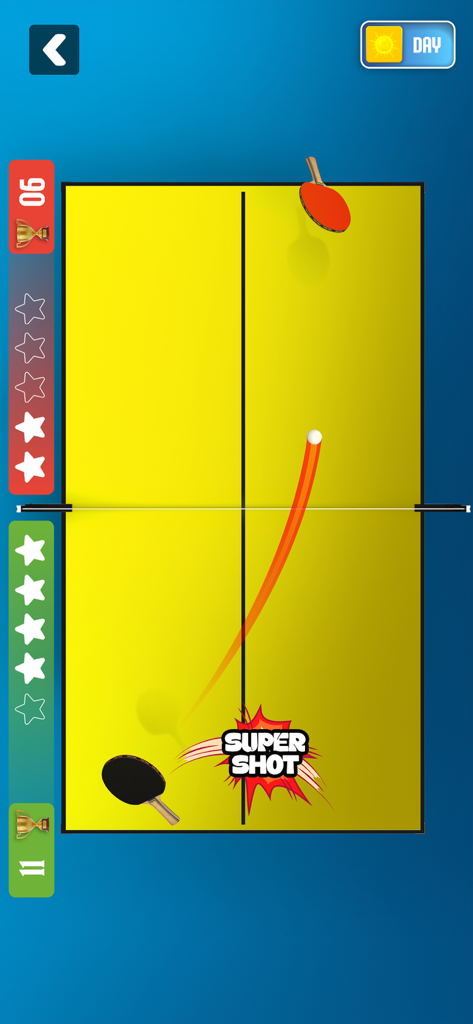 Ping Pong : Table Tennis Games - Eine Draufsicht auf ein Tischtennisspiel mit einem Super-Schlag auf einem gelben Feld