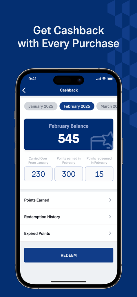 NBKモバイルバンキングアプリのキャッシュバックダッシュボード。獲得したポイントと引き換えオプションが表示されています。