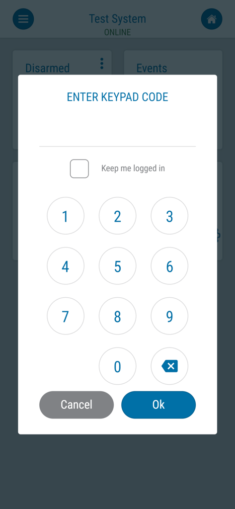 Protegus Smart Security - Numeric keypad interface for entering a security pin in the Protegus Smart Security app