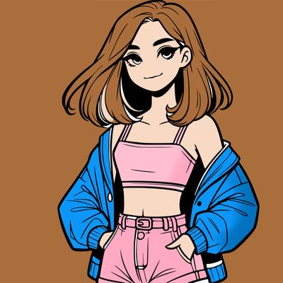 a realistic girl with a crop top and short shorts in an open jacket