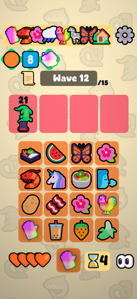 Merge Maestro - Gameplay screen of Merge Maestro showing a grid of emoji tokens and wave twelve progress
