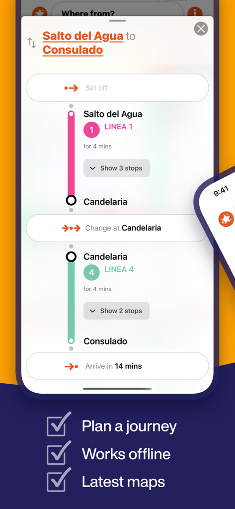 Interfaz de la app Mapa del Metro de la Ciudad de México mostrando un viaje paso a paso desde Salto del Agua a Consulado