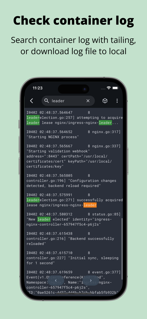 Kubeterm - Kubernetes client - Interface of Kubeterm showing a searchable container log on a mobile device