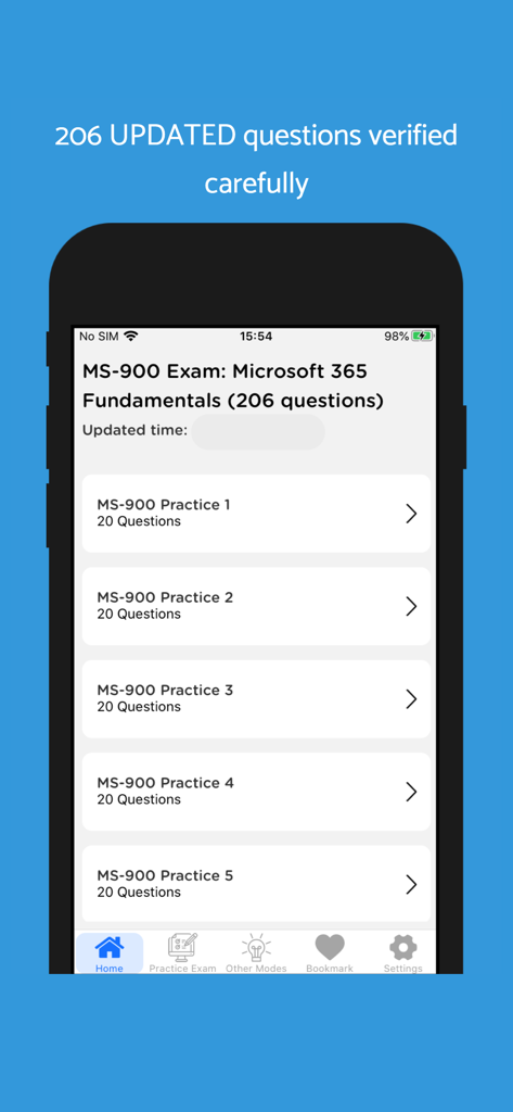 Bildschirm mit mehreren MS-900-Übungsprüfungsmodulen, die jeweils zwanzig Fragen enthalten.