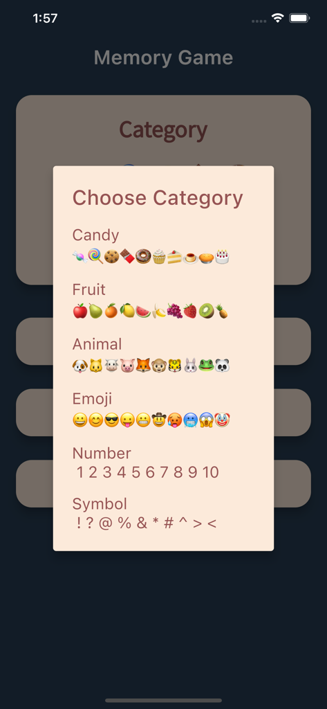 Memory Games: Match Pairs Card - A menu screen in the Memory Games app showing category options like candy fruit animal emoji number and symbol