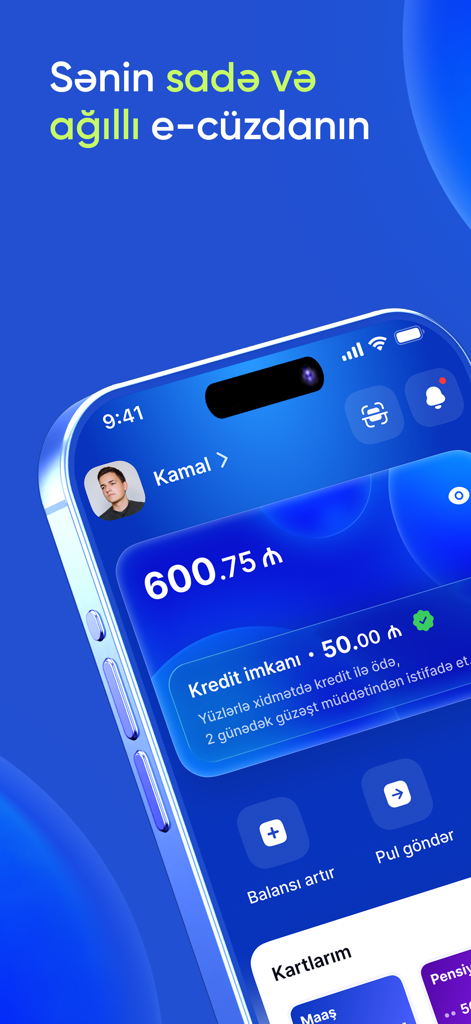 Pulz - Digital Wallet - iPhone displaying the Pulz digital wallet app home screen with account balance and credit options in Azerbaijani Manat