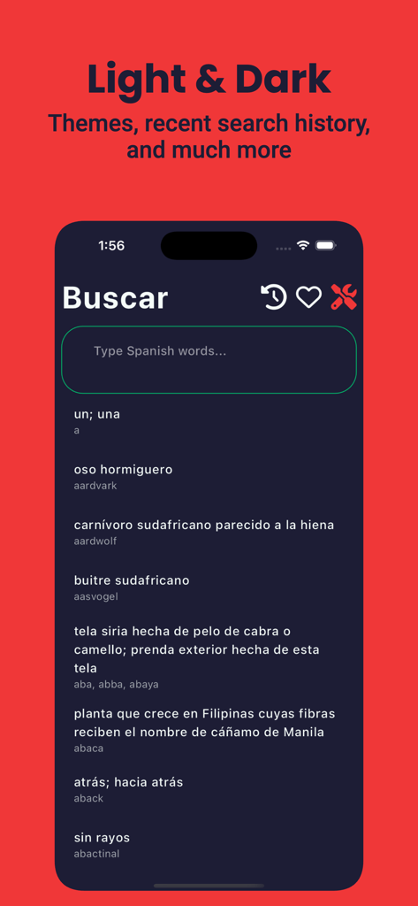 Spanish English Dictionary + - Spanish English dictionary app screenshot showing the dark mode search interface with translations