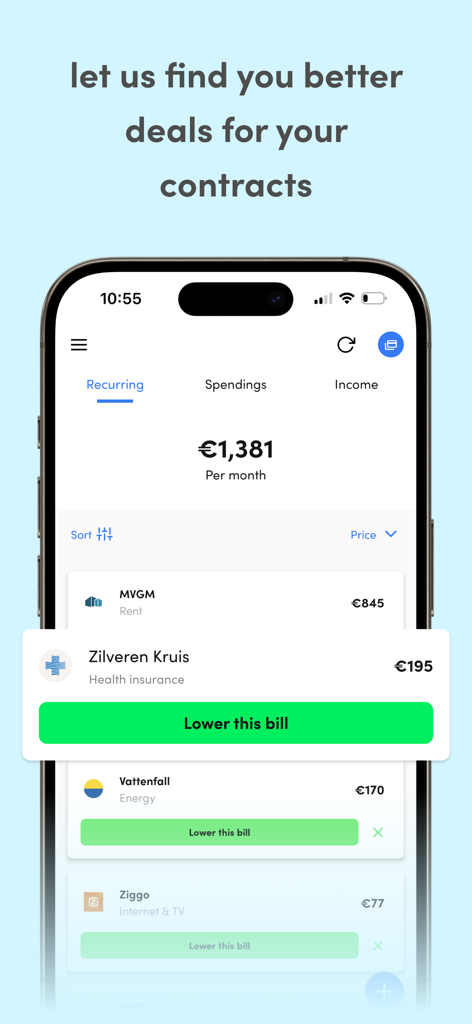 Dyme app interface showing recurring expenses and an option to lower bills for contracts