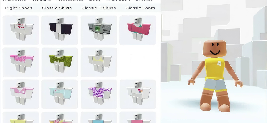 Interface de l'application Roblox skin maker montrant un aperçu de personnage en 3D et un catalogue de modèles de chemises personnalisées